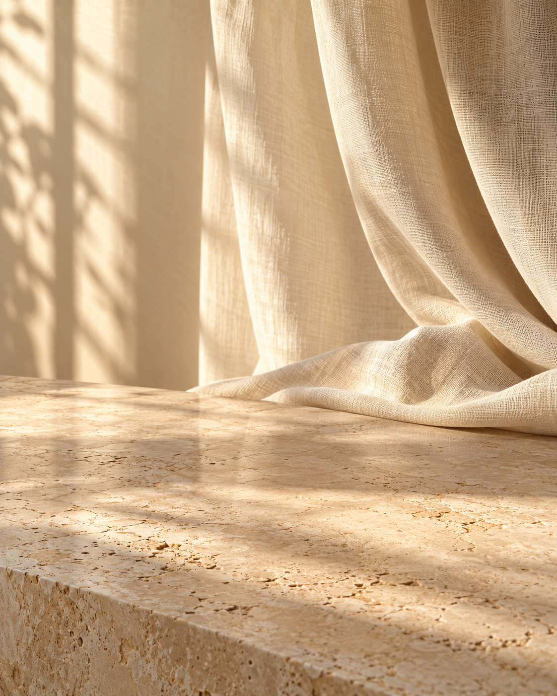 Soft ivory linen and warm natural stone in gentle evening light.