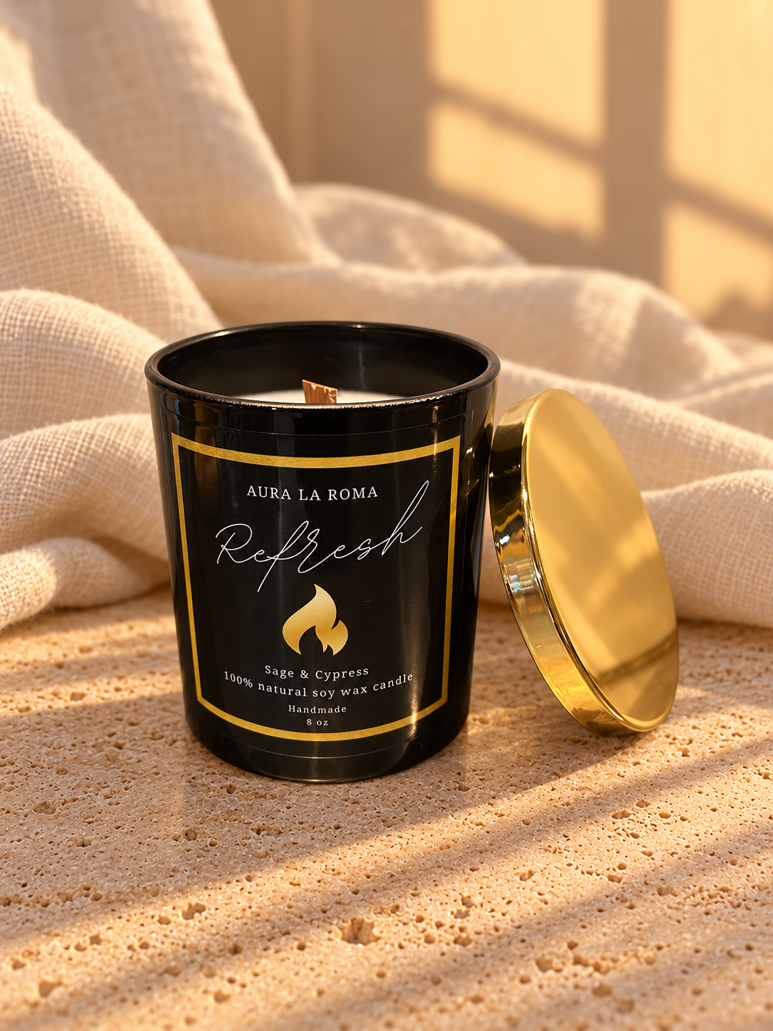 Refresh Sage & Cypress candle in its current black vessel with gold lid, against ivory linen and warm stone.