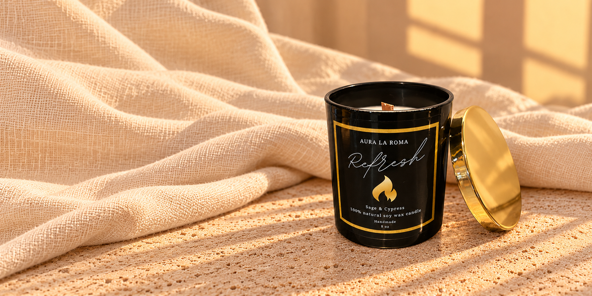 Refresh black candle and gold lid in a wide ivory linen and warm stone setting.